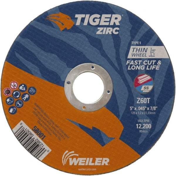 Weiler - 5" 60 Grit Zirconia Alumina Cutoff Wheel - 0.045" Thick, 7/8" Arbor, 12,200 Max RPM, Use with Angle Grinders - A1 Tooling