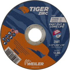 Weiler - 4-1/2" 60 Grit Zirconia Alumina Cutoff Wheel - 0.045" Thick, 7/8" Arbor, 13,300 Max RPM, Use with Angle Grinders - A1 Tooling