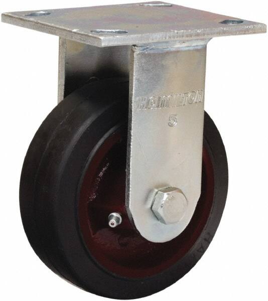 Hamilton - 4" Diam x 2" Wide x 5-5/8" OAH Top Plate Mount Rigid Caster - Rubber Mold on Cast Iron, Straight Roller Bearing, 4 x 4-1/2" Plate - A1 Tooling