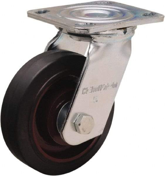 Hamilton - 5" Diam x 1-1/2" Wide x 6-1/8" OAH Top Plate Mount Swivel Caster - Rubber Mold on Cast Iron, 240 Lb Capacity, Straight Roller Bearing, 4 x 4-1/2" Plate - A1 Tooling