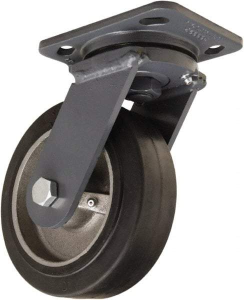 Hamilton - 6" Diam x 2" Wide x 7-1/2" OAH Top Plate Mount Swivel Caster - Rubber Mold on Cast Iron, 410 Lb Capacity, Tapered Roller Bearing, 4 x 5" Plate - A1 Tooling