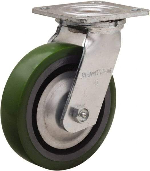 Hamilton - 6" Diam x 1-1/2" Wide x 7-1/2" OAH Top Plate Mount Swivel Caster - Polyurethane Mold onto Cast Iron Center, 850 Lb Capacity, Straight Roller Bearing, 4 x 4-1/2" Plate - A1 Tooling