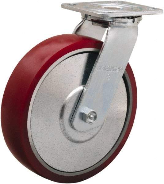 Hamilton - 8" Diam x 2" Wide x 9-1/2" OAH Top Plate Mount Swivel Caster - Polyurethane on Aluminum, 900 Lb Capacity, Straight Roller Bearing, 4 x 4-1/2" Plate - A1 Tooling