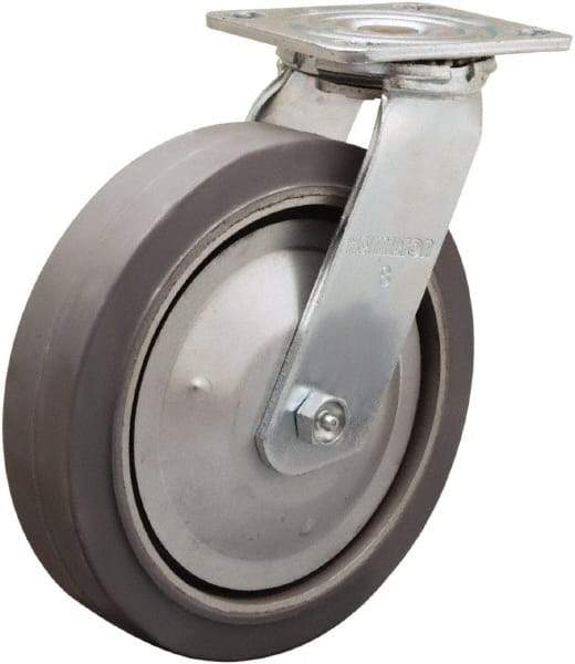 Hamilton - 8" Diam x 2" Wide x 9-1/2" OAH Top Plate Mount Swivel Caster - Rubber Mold on Aluminum, 500 Lb Capacity, Straight Roller Bearing, 4 x 4-1/2" Plate - A1 Tooling