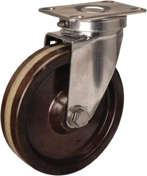 Hamilton - 5" Diam x 1-1/4" Wide x 6-1/4" OAH Top Plate Mount Swivel Caster - Phenolic, 300 Lb Capacity, Plain Bore Bearing, 2-3/8 x 3-5/8" Plate - A1 Tooling