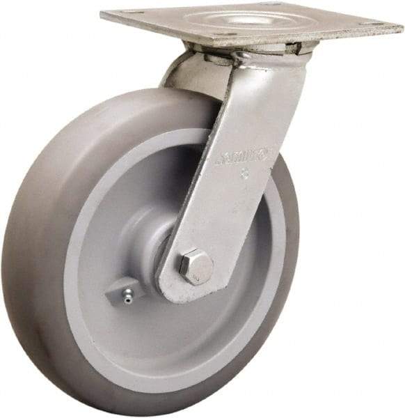 Hamilton - 8" Diam x 2" Wide x 9-1/2" OAH Top Plate Mount Swivel Caster - Rubber Mold on Polyolefin, 500 Lb Capacity, Straight Roller Bearing, 5 x 5-1/2" Plate - A1 Tooling