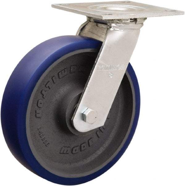 Hamilton - 8" Diam x 2" Wide x 9-1/2" OAH Top Plate Mount Swivel Caster - Polyurethane Mold onto Cast Iron Center, 900 Lb Capacity, Sealed Precision Ball Bearing, 5 x 5-1/2" Plate - A1 Tooling