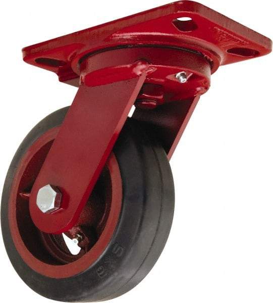 Hamilton - 6" Diam x 2" Wide x 7-3/4" OAH Top Plate Mount Swivel Caster - Rubber Mold on Cast Iron, 410 Lb Capacity, Straight Roller Bearing, 4-1/2 x 6-1/2" Plate - A1 Tooling