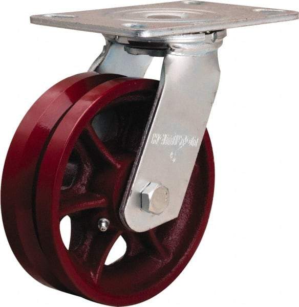 Hamilton - 6" Diam x 2" Wide, Iron Swivel Caster - 900 Lb Capacity, Top Plate Mount, 4-1/2" x 6-1/2" Plate, Straight Roller Bearing - A1 Tooling