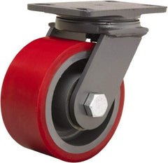 Hamilton - 6" Diam x 3" Wide x 7-3/4" OAH Top Plate Mount Swivel Caster - Polyurethane Mold onto Cast Iron Center, 2,400 Lb Capacity, Tapered Roller Bearing, 4-1/2 x 6-1/2" Plate - A1 Tooling