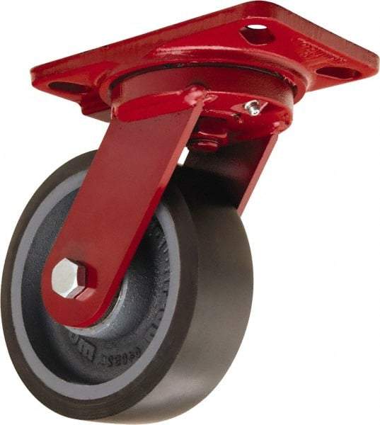 Hamilton - 6" Diam x 2" Wide x 7-3/4" OAH Top Plate Mount Swivel Caster - Polyurethane Mold onto Cast Iron Center, 1,560 Lb Capacity, Tapered Roller Bearing, 4-1/2 x 6-1/2" Plate - A1 Tooling