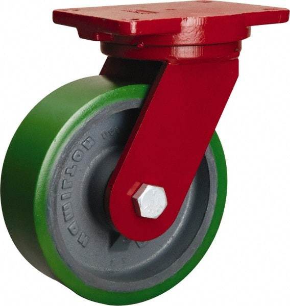 Hamilton - 8" Diam x 2-1/2" Wide x 10-1/2" OAH Top Plate Mount Swivel Caster - Polyurethane Mold onto Cast Iron Center, 2,000 Lb Capacity, Tapered Roller Bearing, 6-1/8 x 7-1/2" Plate - A1 Tooling