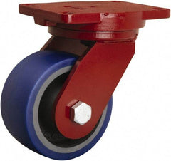 Hamilton - 6" Diam x 3" Wide x 8-1/2" OAH Top Plate Mount Swivel Caster - Polyurethane Mold onto Cast Iron Center, 1,800 Lb Capacity, Precision Tapered Roller Bearing, 6-1/8 x 7-1/2" Plate - A1 Tooling