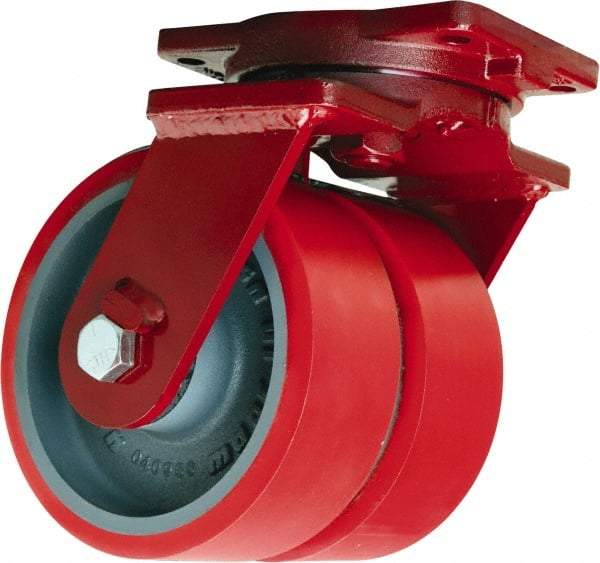 Hamilton - 12" Diam x 3" Wide x 14-1/2" OAH Top Plate Mount Dual Swivel Caster - Polyurethane Mold on Forged Steel, 7,000 Lb Capacity, Sealed Precision Ball Bearing, 6-1/8 x 7-1/2" Plate - A1 Tooling