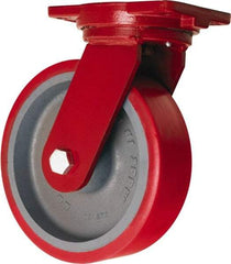 Hamilton - 10" Diam x 3" Wide x 12-1/2" OAH Top Plate Mount Swivel Caster - Polyurethane Mold on Forged Steel, 3,600 Lb Capacity, Tapered Roller Bearing, 6-1/8 x 7-1/2" Plate - A1 Tooling