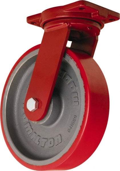 Hamilton - 12" Diam x 3" Wide x 14-1/2" OAH Top Plate Mount Swivel Caster - Polyurethane Mold on Forged Steel, 4,200 Lb Capacity, Tapered Roller Bearing, 6-1/8 x 7-1/2" Plate - A1 Tooling