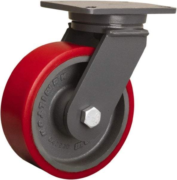 Hamilton - 8" Diam x 3" Wide x 10-1/2" OAH Top Plate Mount Swivel Caster - Polyurethane Mold onto Cast Iron Center, 4,000 Lb Capacity, Tapered Roller Bearing, 5-1/4 x 7-1/4" Plate - A1 Tooling