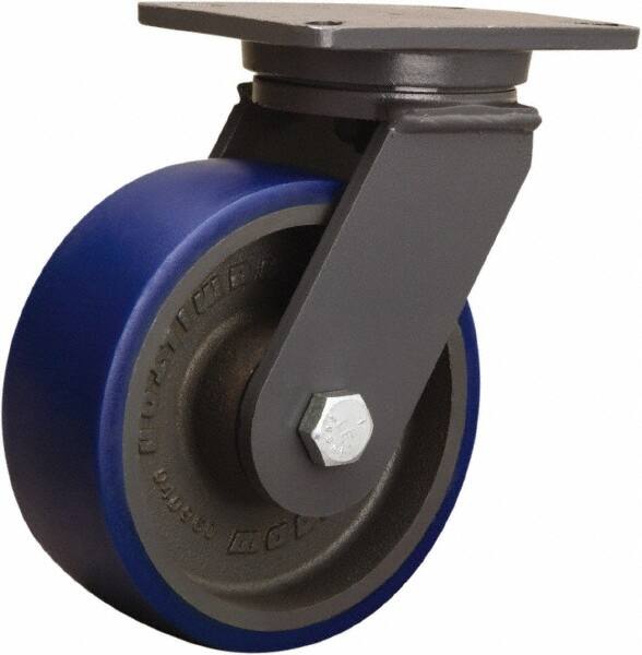 Hamilton - 8" Diam x 3" Wide x 10-1/2" OAH Top Plate Mount Swivel Caster - Polyurethane Mold onto Cast Iron Center, 2,000 Lb Capacity, Tapered Roller Bearing, 5-1/4 x 7-1/4" Plate - A1 Tooling