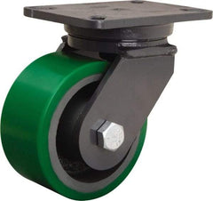 Hamilton - 6" Diam x 3" Wide x 8" OAH Top Plate Mount Swivel Caster - Polyurethane Mold onto Cast Iron Center, 2,200 Lb Capacity, Tapered Roller Bearing, 5-1/4 x 7-1/4" Plate - A1 Tooling