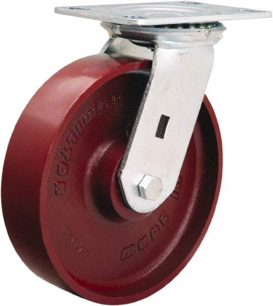 Hamilton - 8" Diam x 2" Wide x 9-1/2" OAH Top Plate Mount Swivel Caster - Cast Iron, 1,500 Lb Capacity, Precision Ball Bearing, 4-1/2 x 6-1/4" Plate - A1 Tooling