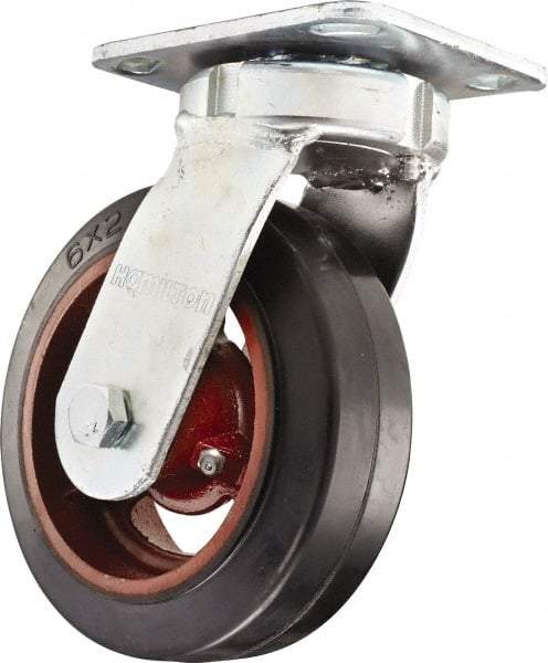 Hamilton - 6" Diam x 2" Wide x 7-1/2" OAH Top Plate Mount Swivel Caster - Rubber Mold on Cast Iron, Straight Roller Bearing, 4 x 4-1/2" Plate - A1 Tooling