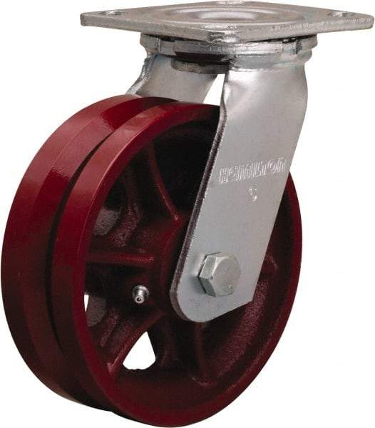 Hamilton - 6" Diam x 2" Wide, Iron Swivel Caster - 900 Lb Capacity, Top Plate Mount, 4" x 4-1/2" Plate, Straight Roller Bearing - A1 Tooling