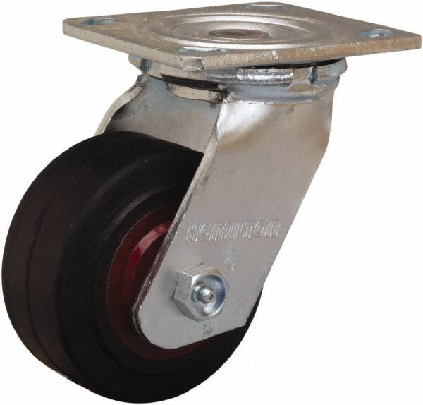 Hamilton - 4" Diam x 2" Wide x 5-5/8" OAH Top Plate Mount Swivel Caster - Rubber Mold on Cast Iron, 300 Lb Capacity, Straight Roller Bearing, 4 x 4-1/2" Plate - A1 Tooling