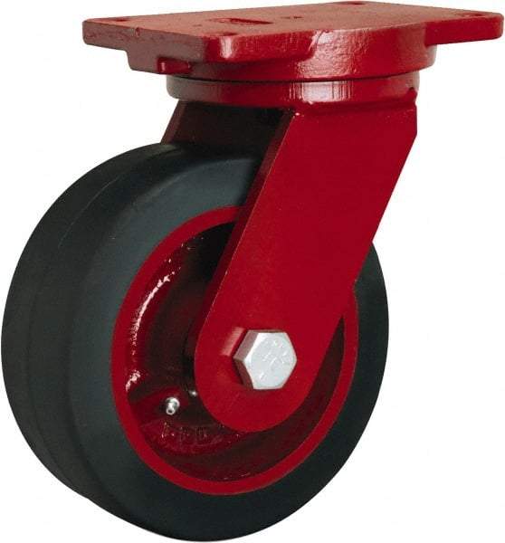 Hamilton - 8" Diam x 3" Wide x 10-1/2" OAH Top Plate Mount Swivel Caster - Rubber Mold on Cast Iron, 840 Lb Capacity, Straight Roller Bearing, 6-1/8 x 7-1/2" Plate - A1 Tooling