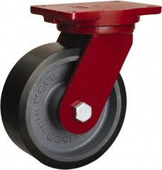 Hamilton - 8" Diam x 3" Wide x 10-1/2" OAH Top Plate Mount Swivel Caster - Polyurethane Mold onto Cast Iron Center, 3,250 Lb Capacity, Tapered Roller Bearing, 6-1/8 x 7-1/2" Plate - A1 Tooling