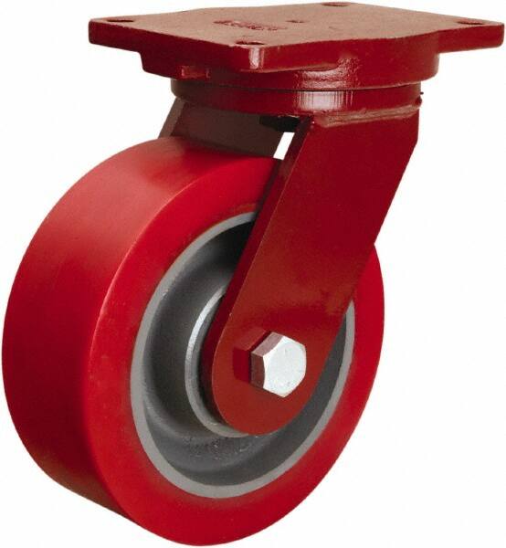 Hamilton - 8" Diam x 3" Wide x 10-1/2" OAH Top Plate Mount Swivel Caster - Polyurethane Mold onto Cast Iron Center, 4,400 Lb Capacity, Tapered Roller Bearing, 6-1/8 x 7-1/2" Plate - A1 Tooling