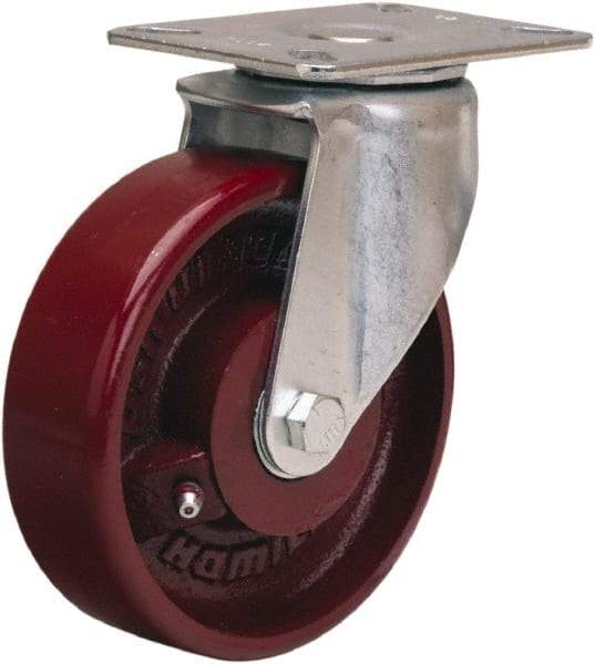 Hamilton - 5" Diam x 1-1/2" Wide x 6-3/8" OAH Top Plate Mount Swivel Caster - Cast Iron, 450 Lb Capacity, Straight Roller Bearing, 3-1/8 x 4-1/8" Plate - A1 Tooling