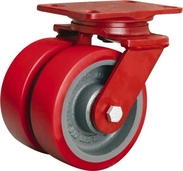 Hamilton - 6" Diam x 2" Wide x 7-3/4" OAH Top Plate Mount Dual Swivel Caster - Polyurethane Mold on Forged Steel, 2,500 Lb Capacity, Tapered Roller Bearing, 4-1/2 x 6-1/2" Plate - A1 Tooling