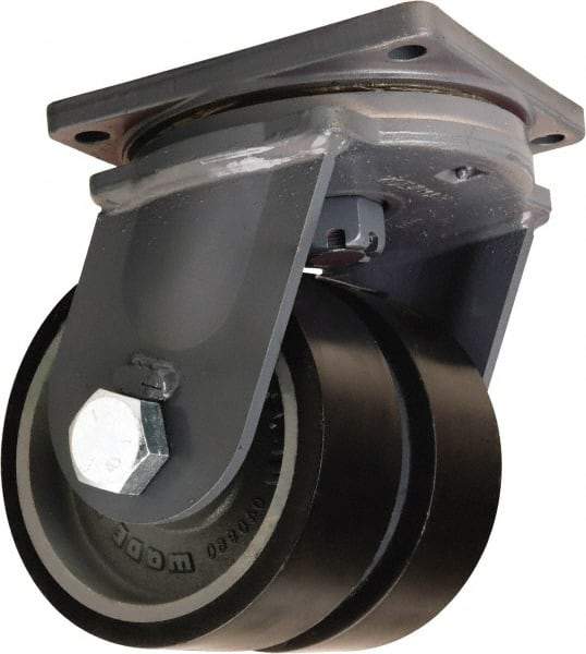 Hamilton - 10" Diam x 3" Wide x 13" OAH Top Plate Mount Dual Swivel Caster - Polyurethane Mold onto Cast Iron Center, 7,800 Lb Capacity, Tapered Roller Bearing, 8-1/2 x 8-1/2" Plate - A1 Tooling