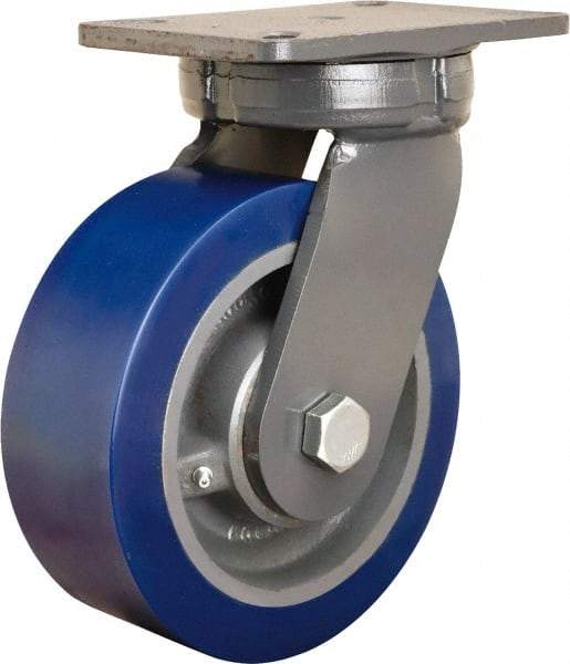 Hamilton - 8" Diam x 3" Wide x 10-1/2" OAH Top Plate Mount Swivel Caster - Polyurethane Mold on Forged Steel, 3,500 Lb Capacity, Tapered Roller Bearing, 5-1/4 x 7-1/4" Plate - A1 Tooling