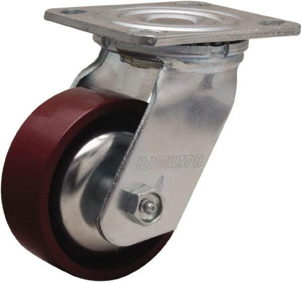 Hamilton - 4" Diam x 1-1/2" Wide x 5-5/8" OAH Top Plate Mount Swivel Caster - Cast Iron, 550 Lb Capacity, Straight Roller Bearing, 4 x 4-1/2" Plate - A1 Tooling