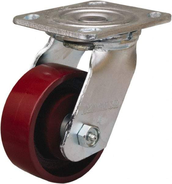 Hamilton - 4" Diam x 1-1/2" Wide x 5-5/8" OAH Top Plate Mount Swivel Caster - Cast Iron, 550 Lb Capacity, Straight Roller Bearing, 4 x 4-1/2" Plate - A1 Tooling