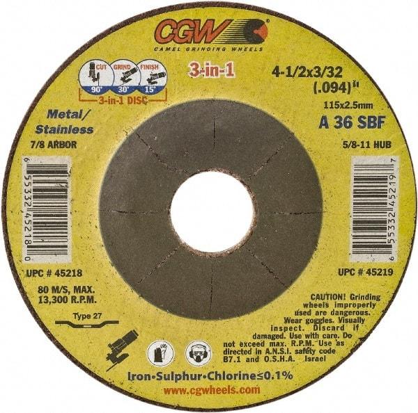 Camel Grinding Wheels - 36 Grit, 4-1/2" Wheel Diam, 3/32" Wheel Thickness, Type 27 Depressed Center Wheel - Medium Grade, Aluminum Oxide, Resinoid Bond, 13,300 Max RPM - A1 Tooling