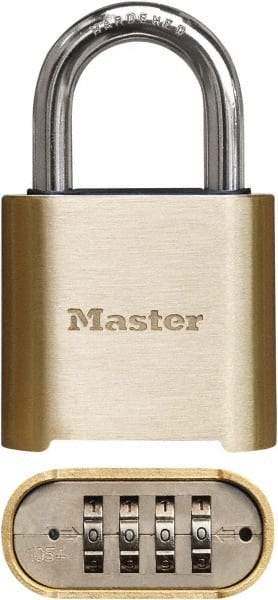 Master Lock - 2" Body Width x 3" Body Height, 1" Shackle Clearance, Brass Finish Combination Lock - 5/16" Shackle Diam, 1" Shackle Width, Set Your Own 4 Digit Combination - A1 Tooling