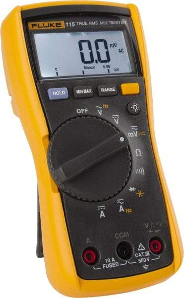 Fluke - 115, CAT III, 600 VAC/VDC, Digital True RMS Auto Ranging Manual Ranging Multimeter - 40 mOhm, Measures Voltage, Capacitance, Current, Frequency, Resistance - A1 Tooling