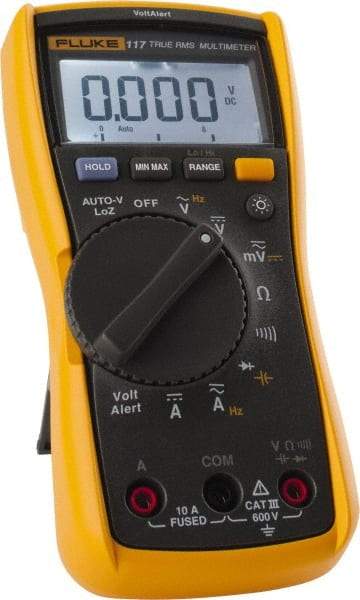 Fluke - 117, CAT III, 600 VAC/VDC, Digital True RMS Auto Ranging Manual Ranging Multimeter - 40 mOhm, Measures Voltage, Capacitance, Current, Frequency, Resistance - A1 Tooling