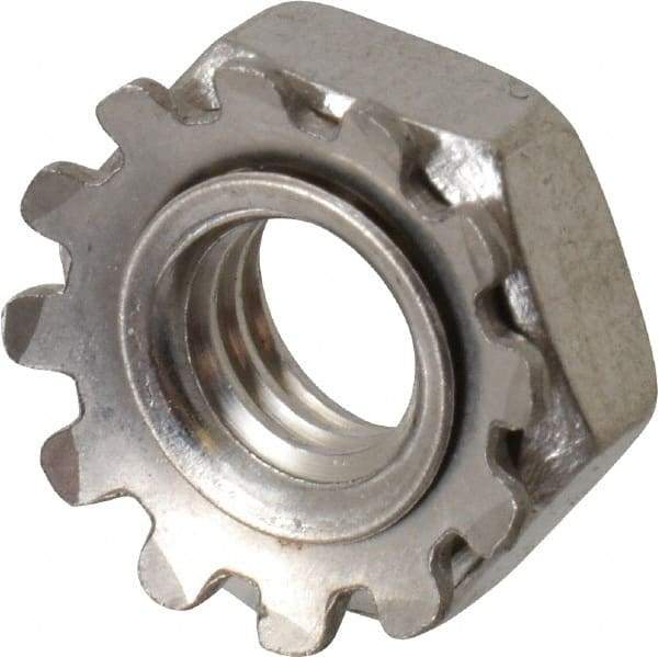 Value Collection - #10-32, 5/32" High, Uncoated, Stainless Steel Hex Nut with External Tooth Washer - 13/32" Washer Diam, 3/8" Width Across Flats, Grade 18-8 - A1 Tooling