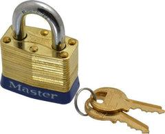 Master Lock - 3/4" Shackle Clearance, Keyed Alike Laminated Brass Padlock - 9/32" Shackle Diam, Brass - A1 Tooling