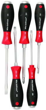 5 Piece - SoftFinish® Cushion Grip Extra Heavy Duty Screwdriver w/ Hex Bolster & Metal Striking Cap Set - #53075 - Includes: Slotted 4.5 - 6.5mm Phillips #1 - 2 - Extra Heavy Duty - A1 Tooling