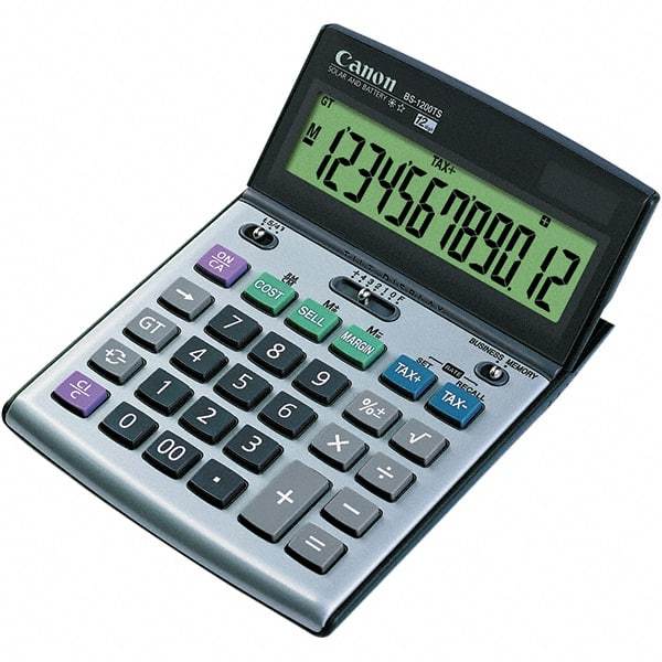 Canon - 12-Digit LCD 12 Function Portable Calculator - 5-7/64 x 7-1/4 Display Size, Silver & Black, Solar & Battery Powered - A1 Tooling