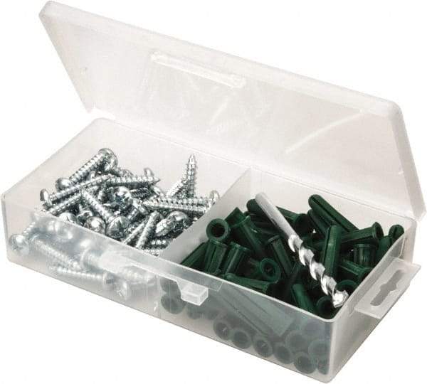 Value Collection - 100 Piece, #14 to 16 Screw, Plastic & Steel Slotted/Phillips Drive Anchor Assortment - Zinc Plated, 1-1/2" Long - A1 Tooling