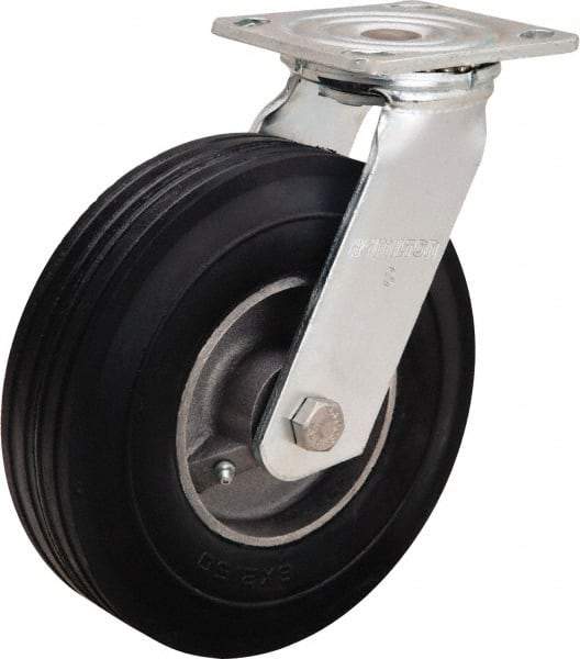 Hamilton - 8" Diam x 2" Wide, Rubber Swivel Caster - 500 Lb Capacity, Top Plate Mount, 4" x 4-1/2" Plate, Straight Roller Bearing - A1 Tooling