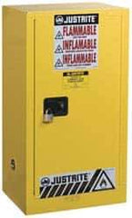 Justrite - 1 Door, 1 Shelf, Yellow Steel Space Saver Safety Cabinet for Flammable and Combustible Liquids - 44" High x 23-1/4" Wide x 18" Deep, Self Closing Door, 15 Gal Capacity - A1 Tooling