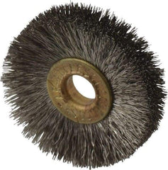 Osborn - 1-1/4" OD, 1/4" Arbor Hole, Crimped Stainless Steel Wheel Brush - 3/16" Face Width, 21/64" Trim Length, 0.005" Filament Diam, 20,000 RPM - A1 Tooling