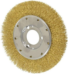 Osborn - 6" OD, 1-1/4" Arbor Hole, Crimped Brass Wheel Brush - 5/8" Face Width, 1-1/8" Trim Length, 0.014" Filament Diam, 6,000 RPM - A1 Tooling