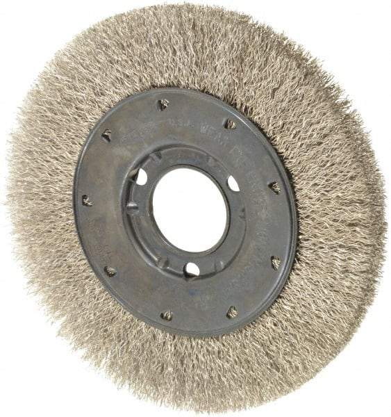 Osborn - 6" OD, 1-1/4" Arbor Hole, Crimped Stainless Steel Wheel Brush - 5/8" Face Width, 1-1/8" Trim Length, 0.0104" Filament Diam, 6,000 RPM - A1 Tooling